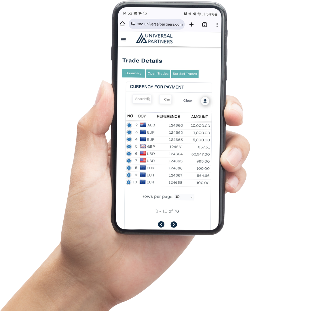 The Universal Partners app on a phone held in hand
