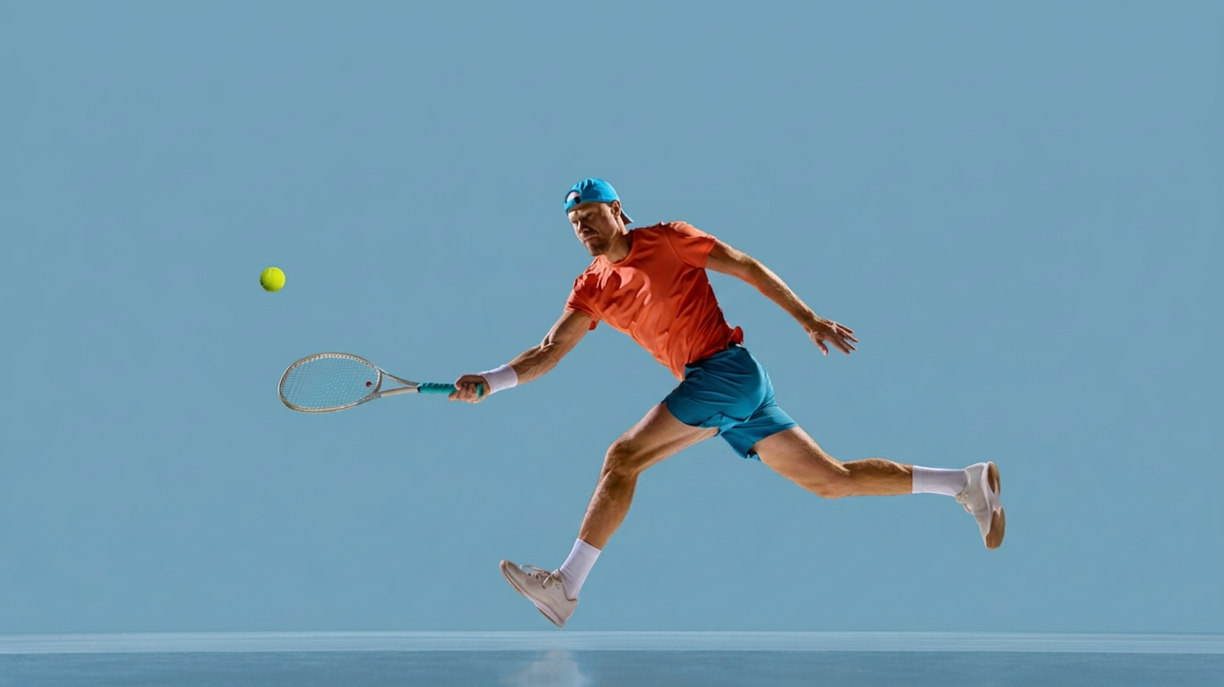 Tennis player stretching for a forehand