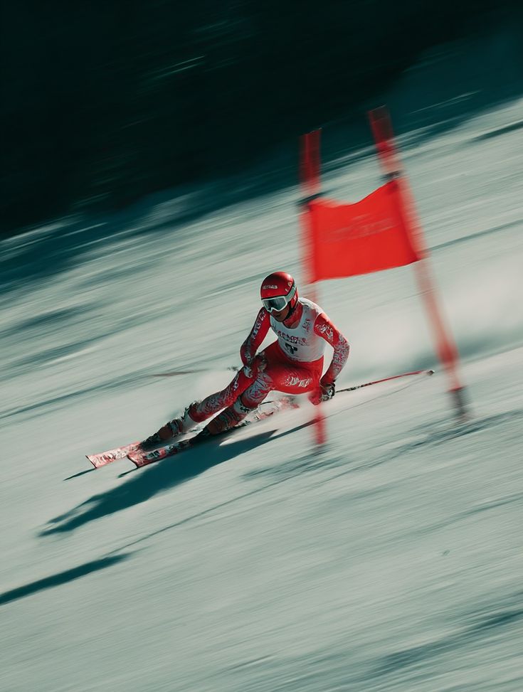 A skier driving through deep snow at the decisive moment