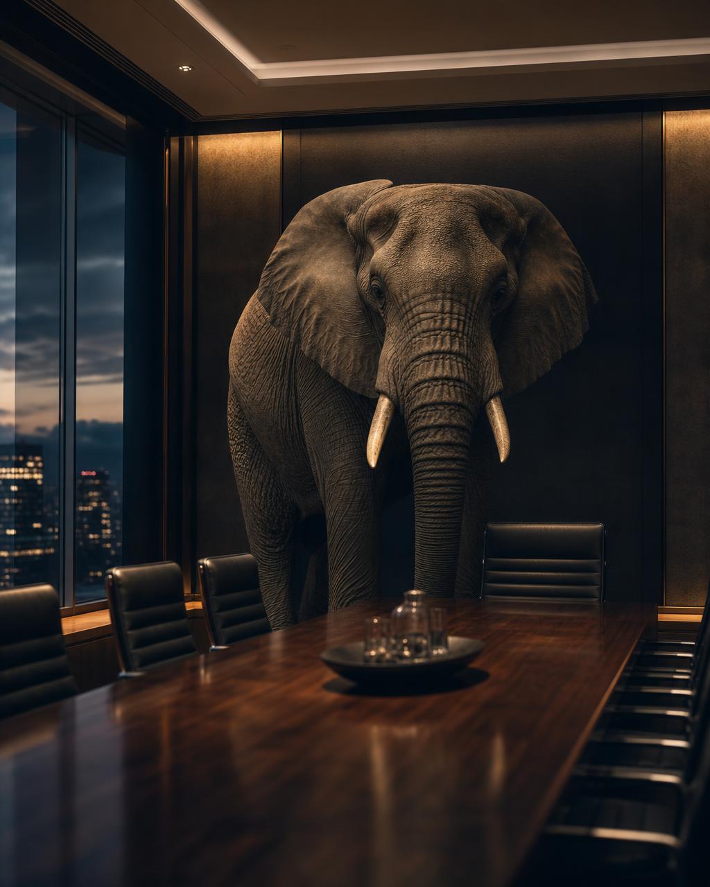 An elephant standing calmly in a dark boardroom above a night skyline