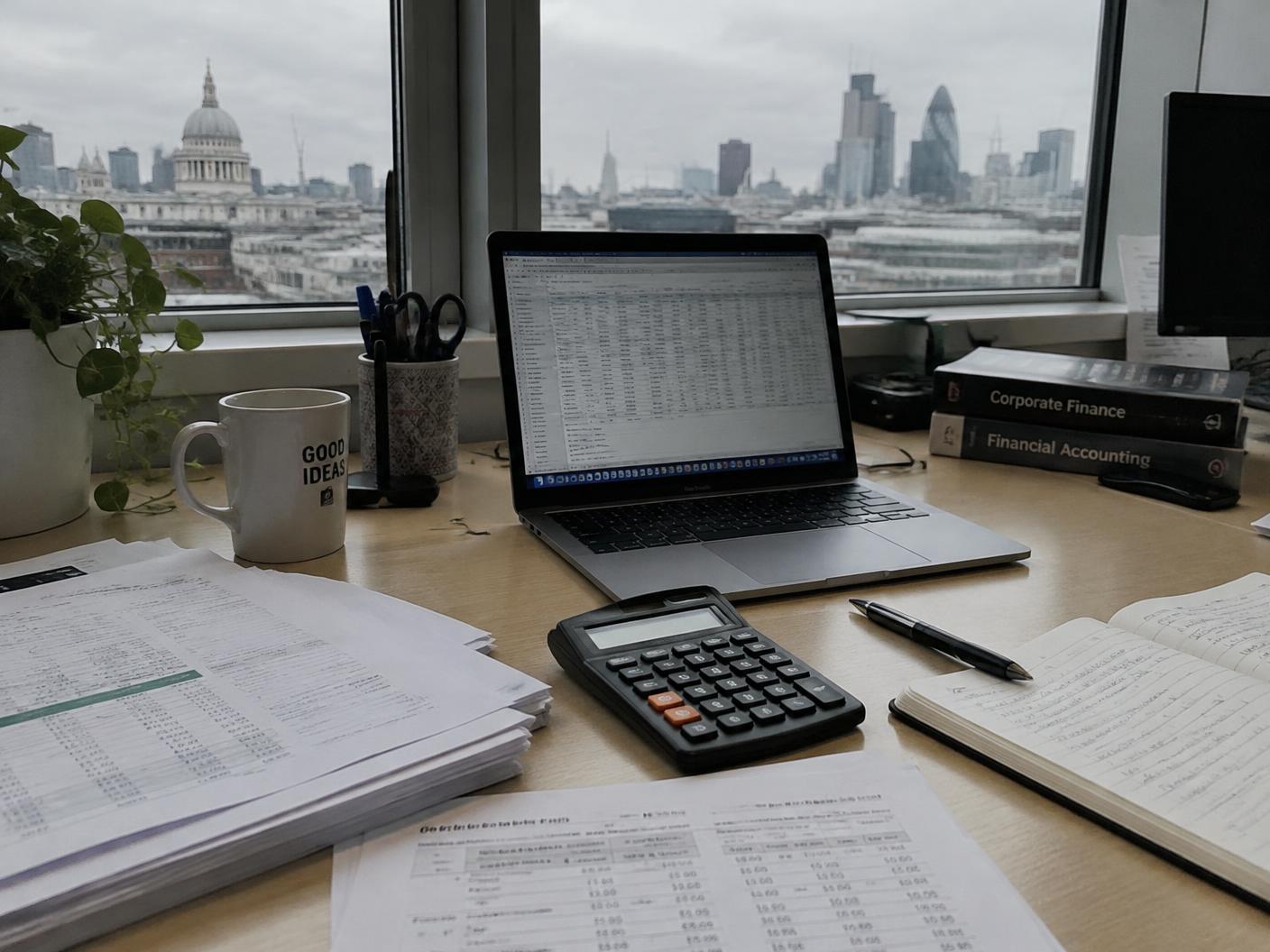 Accountant desk with spreadsheets, calculator and laptop overlooking London